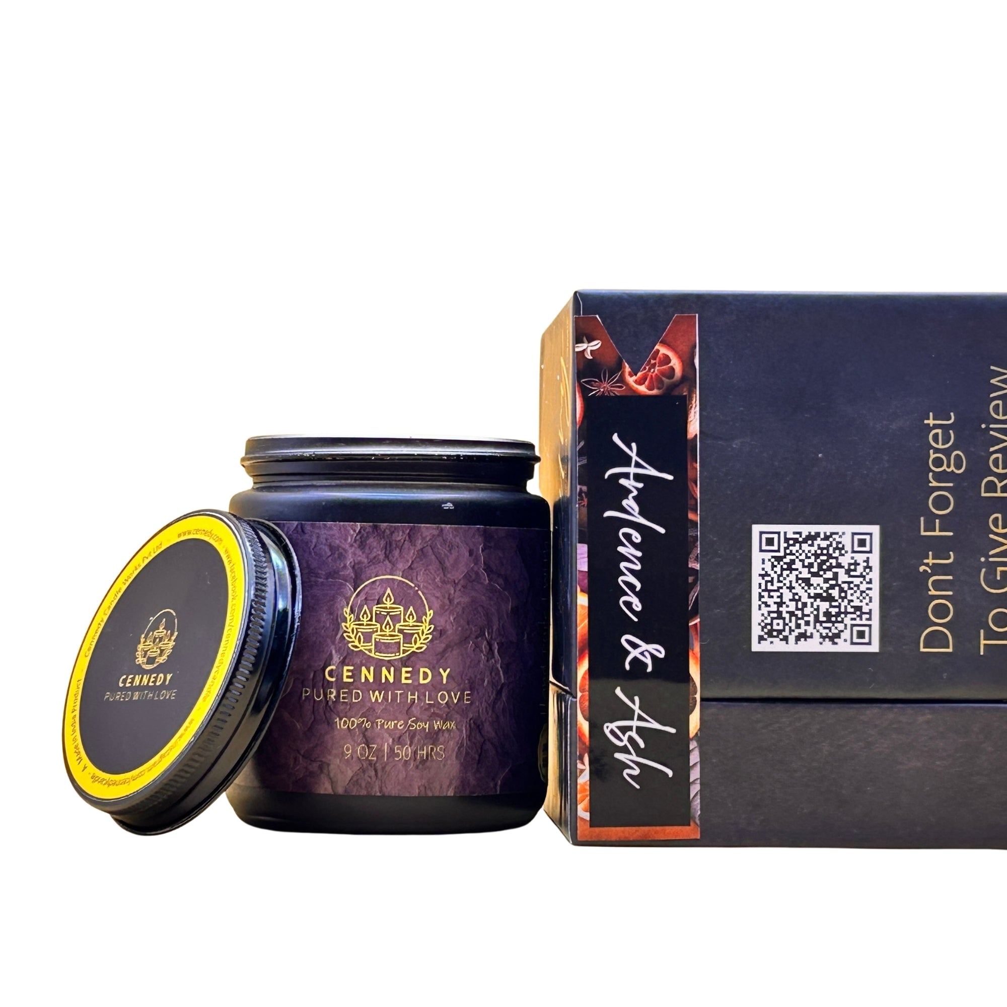Ardence & Ash scented candle, amber jar, woody spicy fragrance for ambiance.