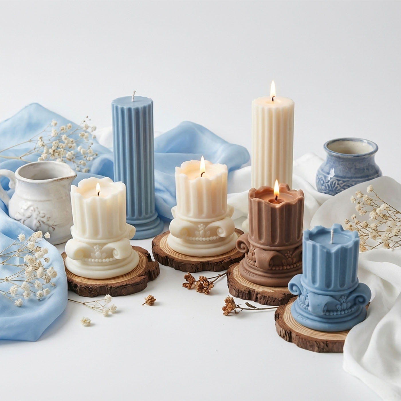 Fondant Cylinder Pillar Candles, 2Pcs, Handmade, Aromatic, Pure Soy Wax