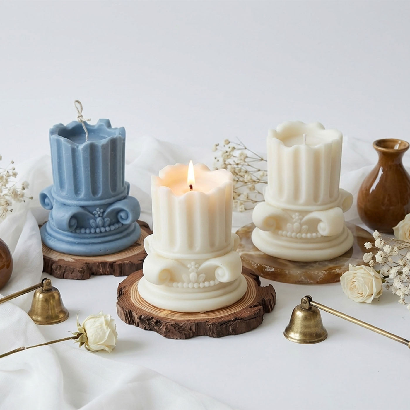 Fondant Cylinder Pillar Candles, 2Pcs, Handmade, Aromatic, Pure Soy Wax