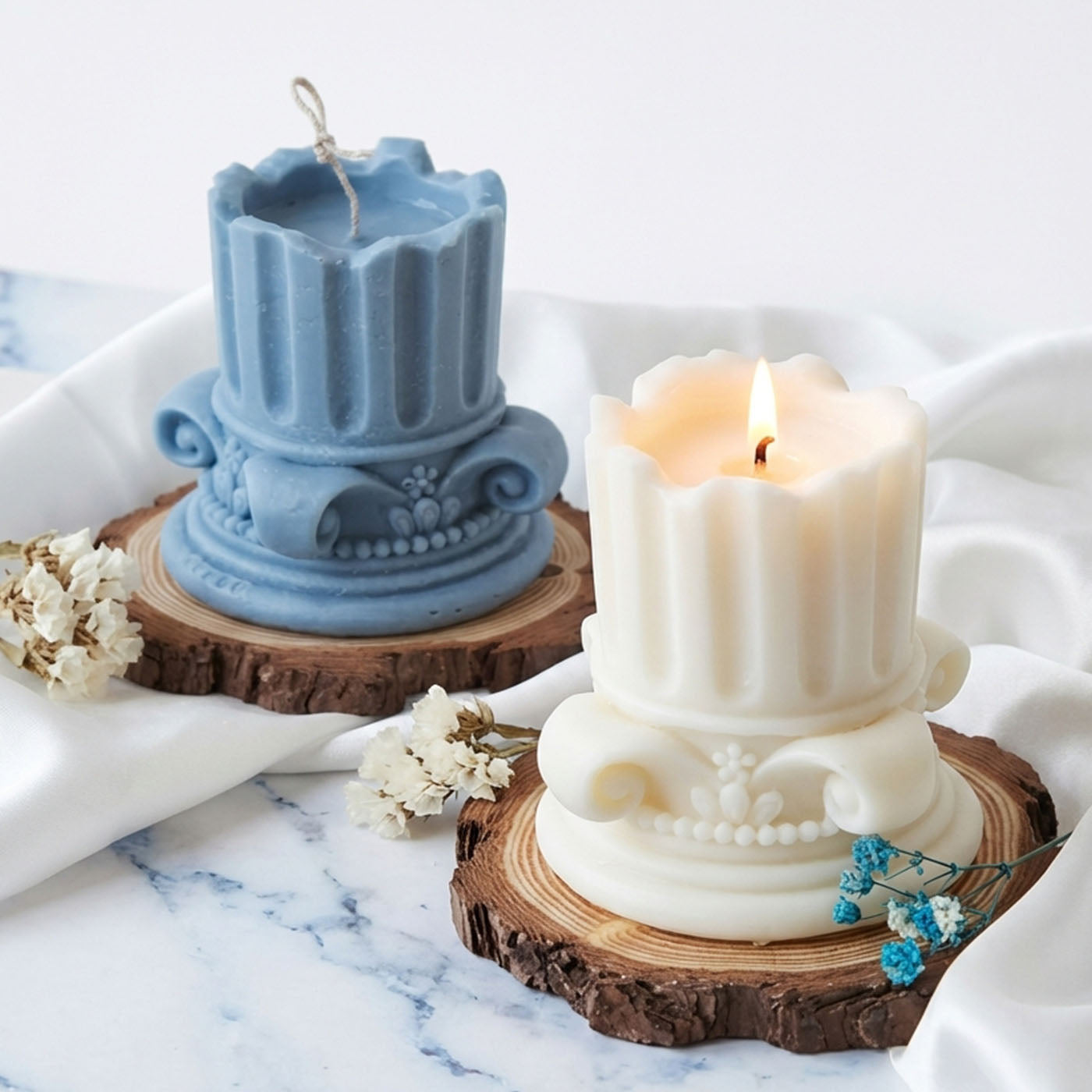 Fondant Cylinder Pillar Candles, 2Pcs, Handmade, Aromatic, Pure Soy Wax