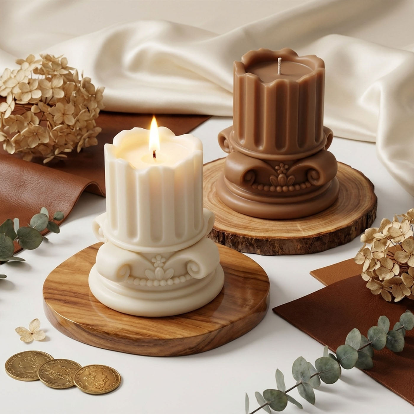 Fondant Cylinder Pillar Candles, 2Pcs, Handmade, Aromatic, Pure Soy Wax