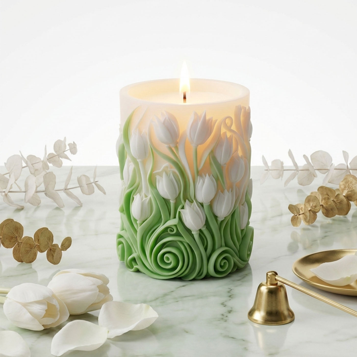 Handcrafted Embossed Tulip Flower Pillar Candle , Aromatic Thai Lotus Fragrance