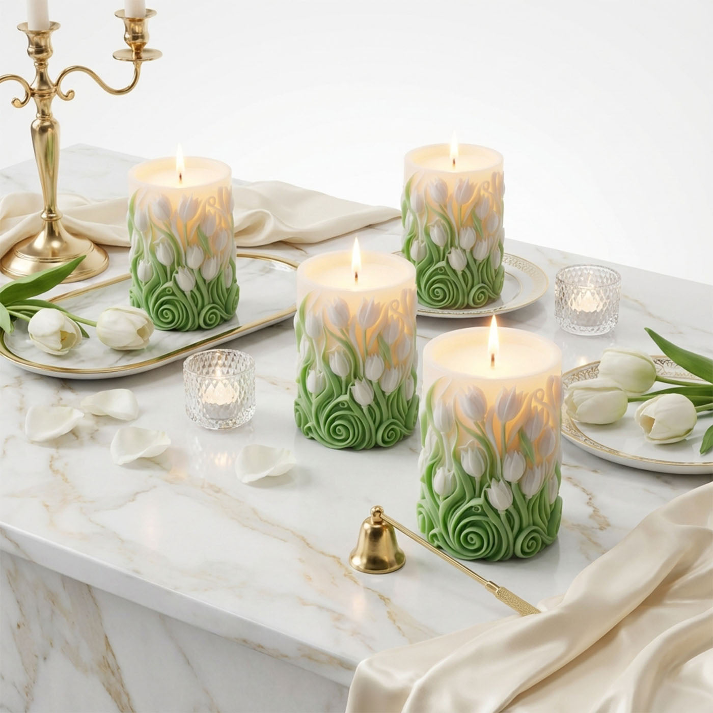 Handcrafted Embossed Tulip Flower Pillar Candle , Aromatic Thai Lotus Fragrance