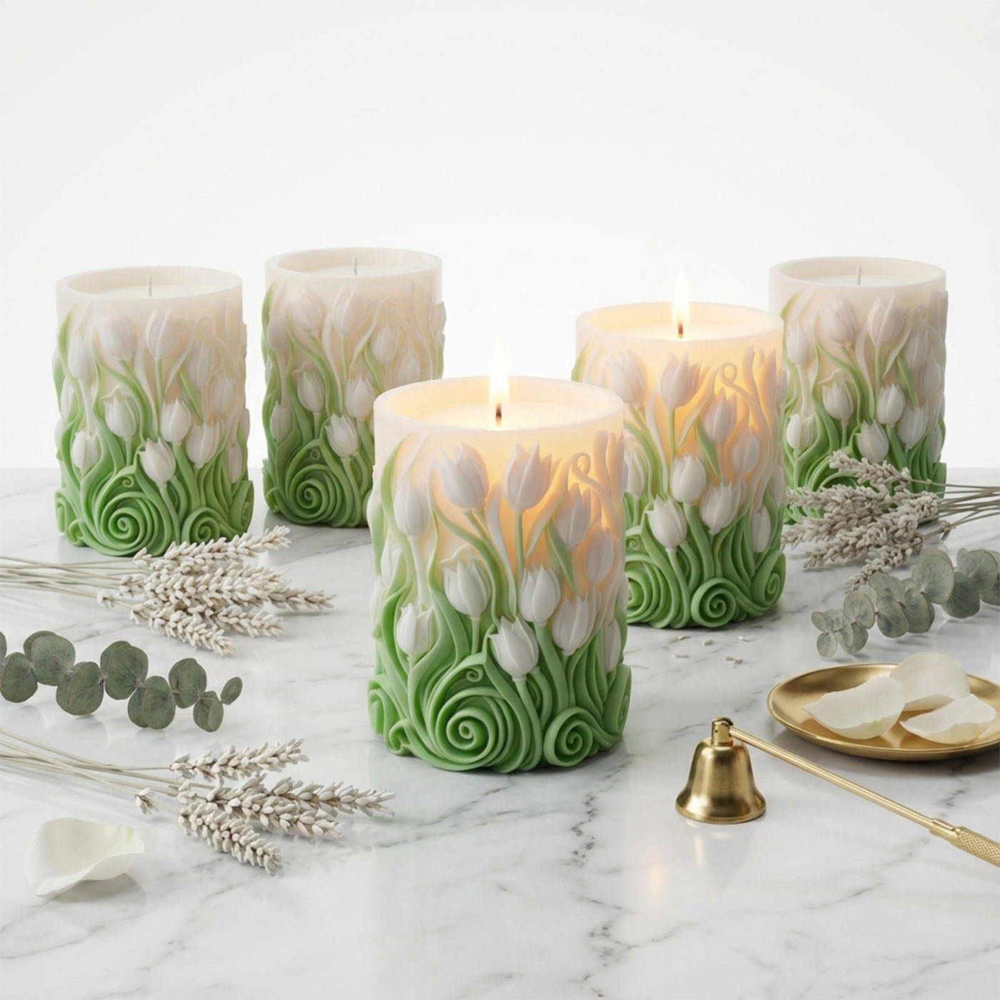 Handcrafted Embossed Tulip Flower Pillar Candle , Aromatic Thai Lotus Fragrance