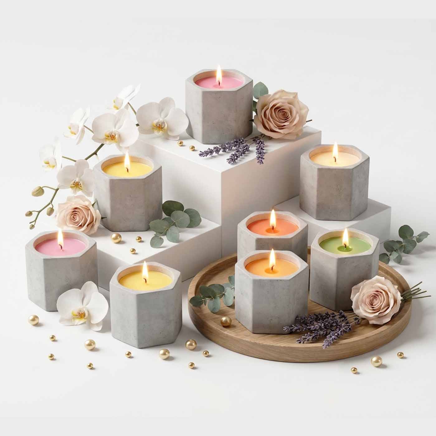 8 Pcs Petalwood Charm Soy Wax Concrete Container Tea Light Candle Set