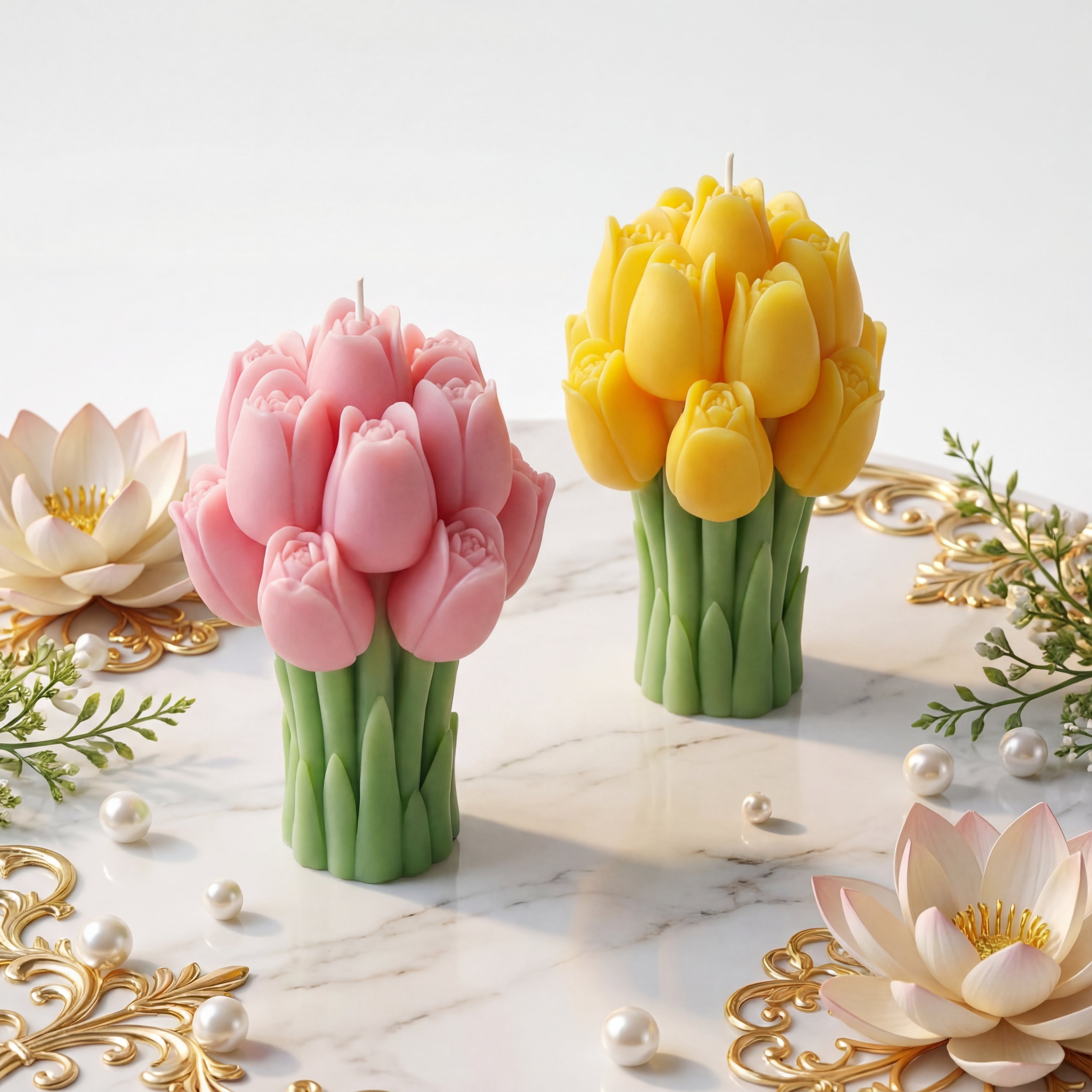 Decorative Tulip Flower Candles Pair  Aromatic Floral Fragrance