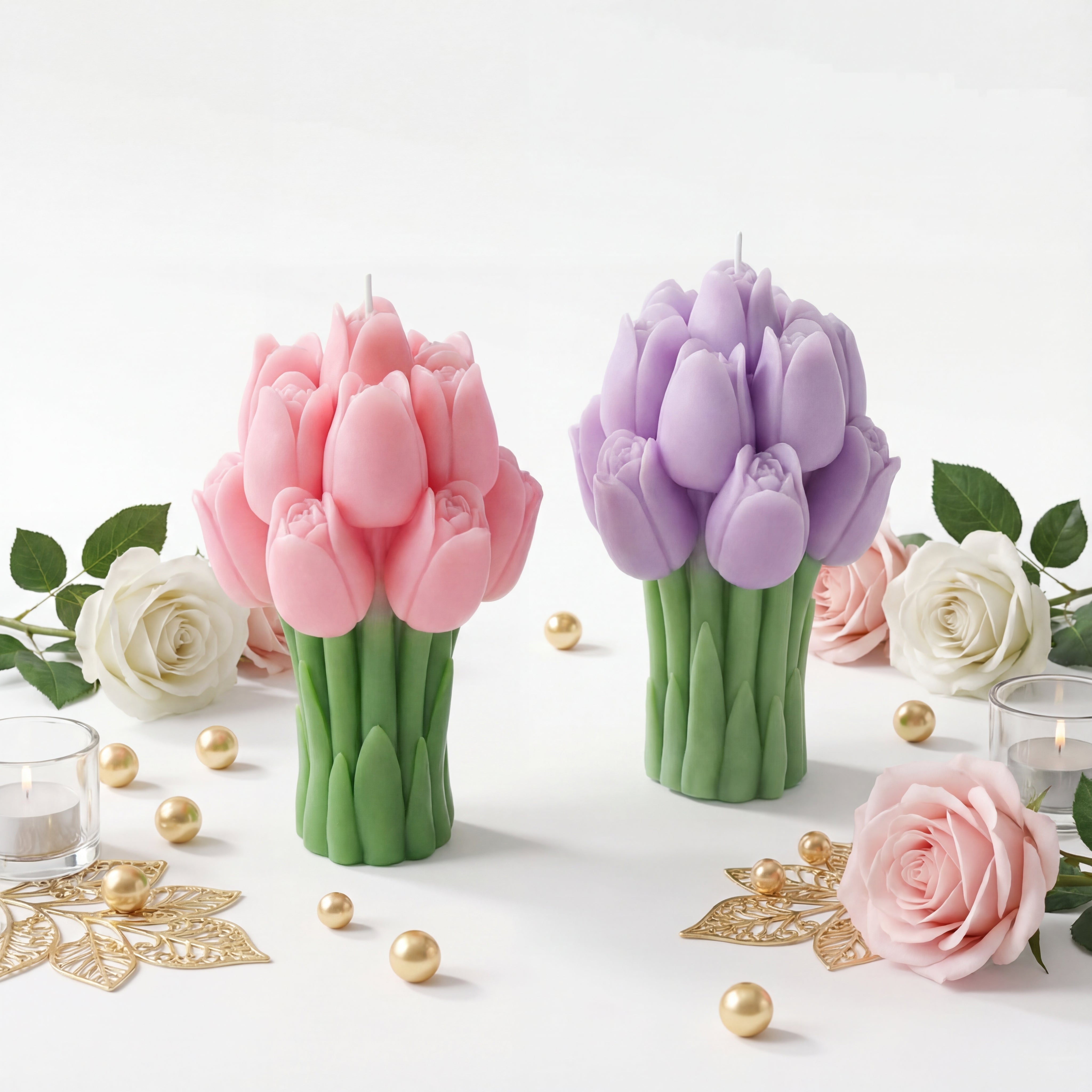 Decorative Tulip Flower Candles Pair  Aromatic Floral Fragrance