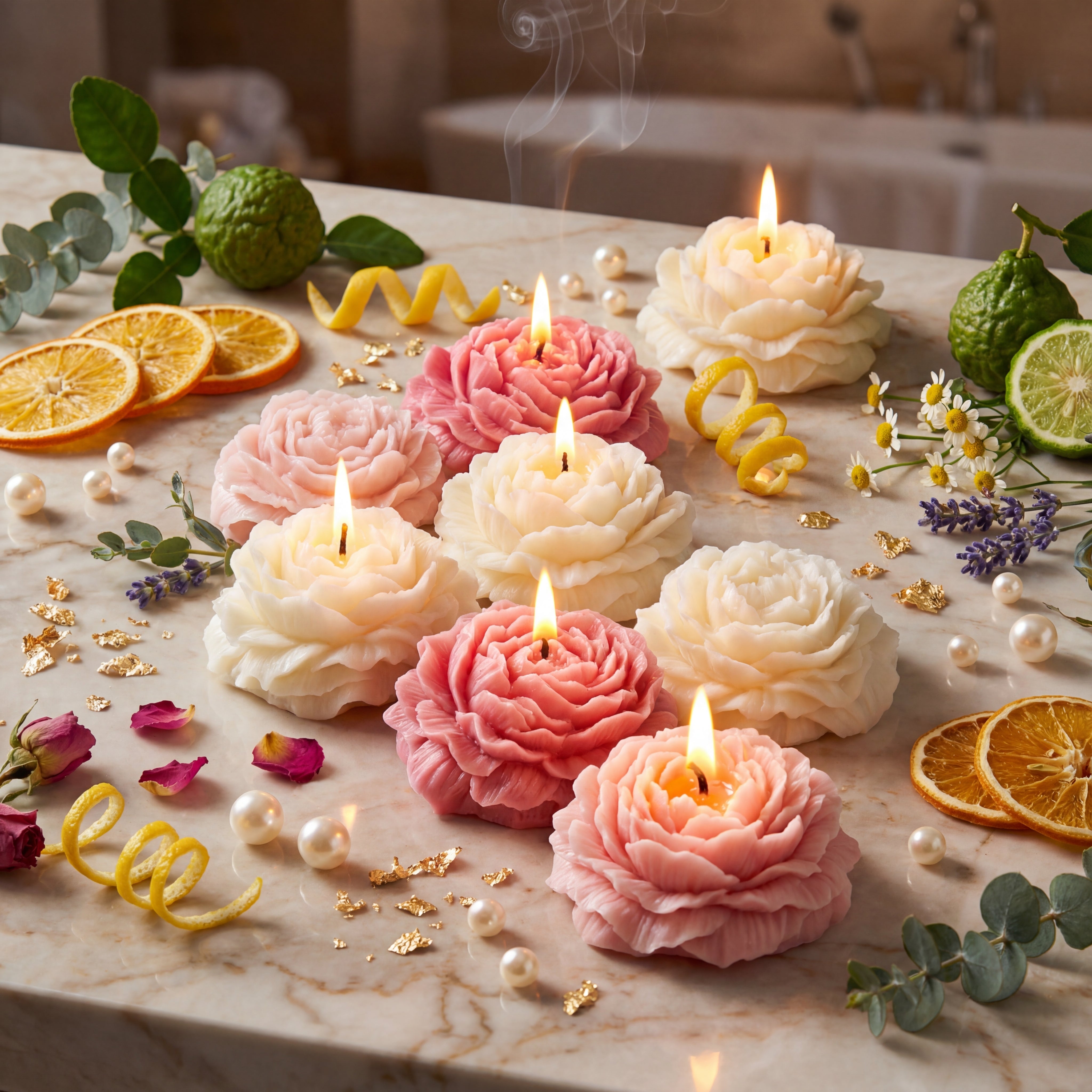 3 Pcs Peony Flower Scented Candles , Blend Of Pure Soy Wax &  Natural Aroma