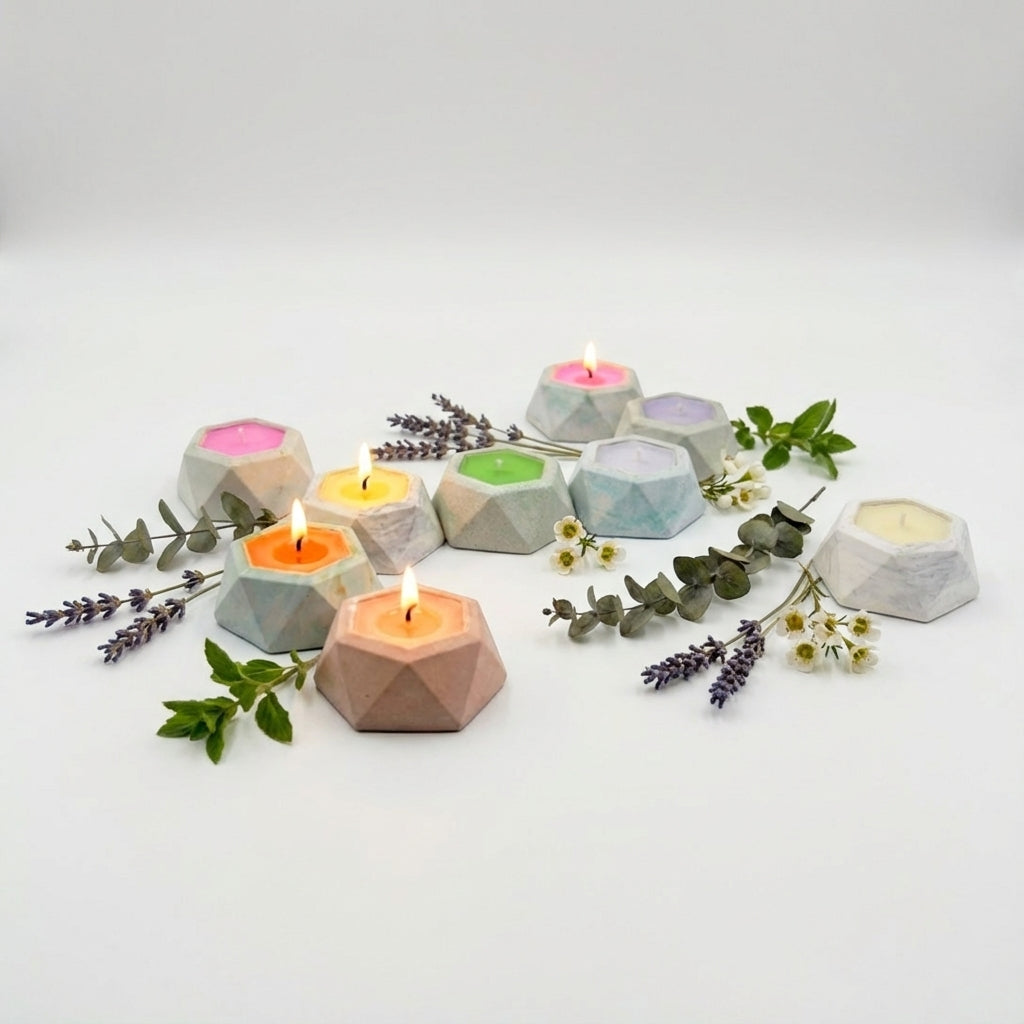 8 Pcs Premium Soy Scented Candle in Hexagon  Concrete Container Tea Light