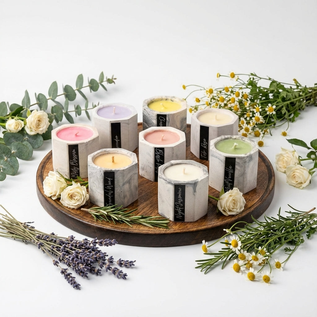 Garden Symphony - Premium Scented Concrete Container Tealight Candle Set - 8 Pcs
