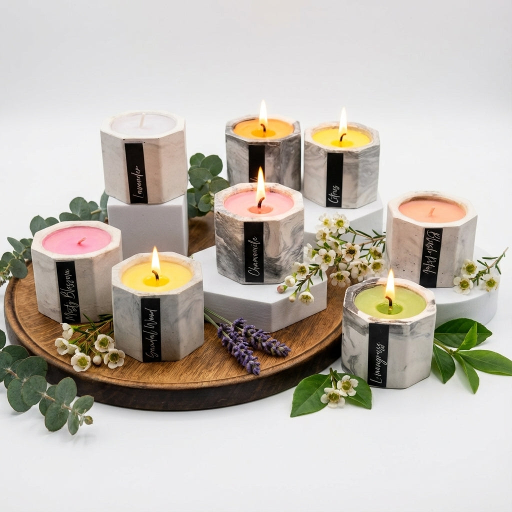 Tranquil Bloom - 8 Pcs Concrete Container Tea Light Candle Gift Box