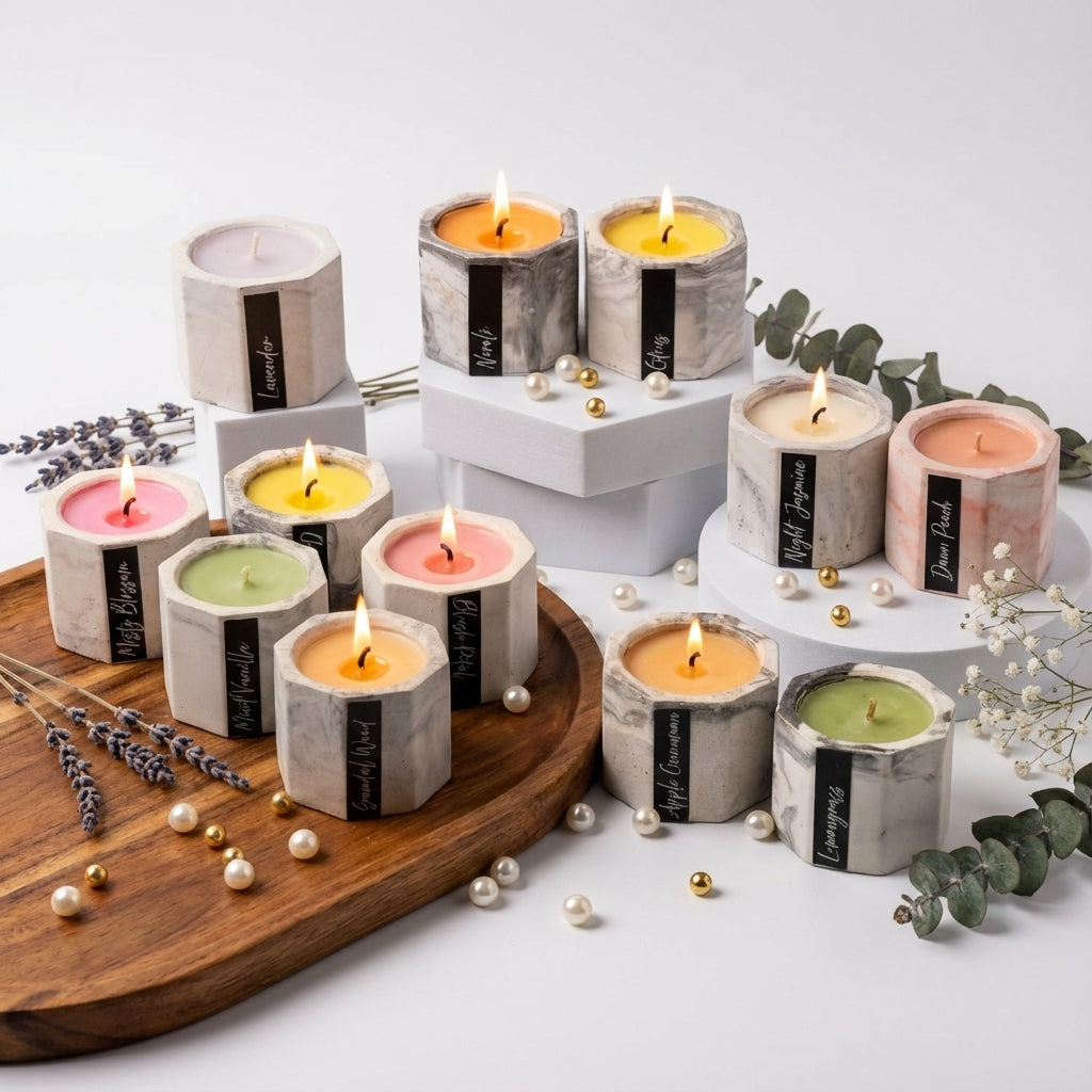 8 Pcs Petalwood Charm Soy Wax Concrete Container Tea Light Candle Set