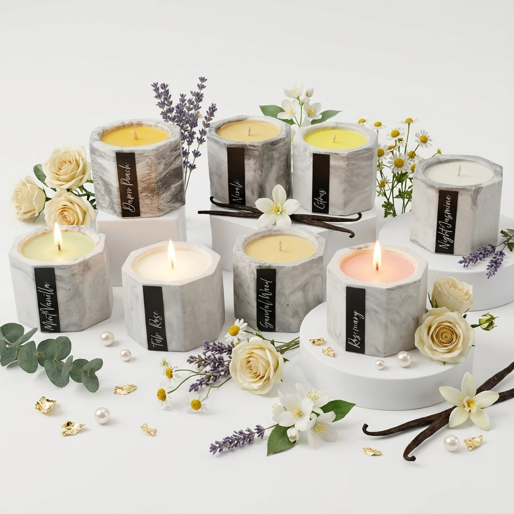 Floral Vanilla Luxury Cement Container Tea Light Candle Set – Premium Soy Wax 8 Pcs