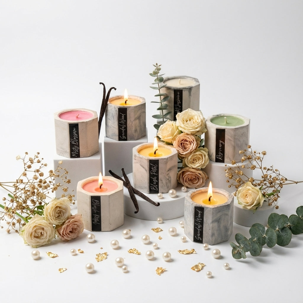 Floral Vanilla Luxury Cement Container Tea Light Candle Set – Premium Soy Wax 8 Pcs