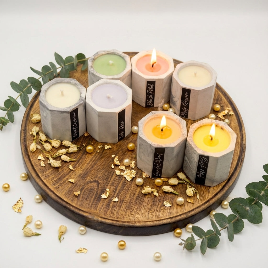 Golden Serenity Luxury Soy Wax Cement Container Tea Light Candle Set 8 Pcs
