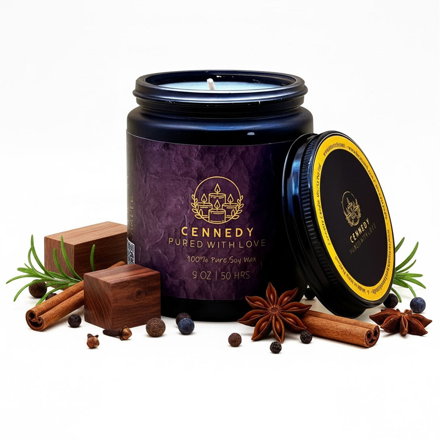 Ardence & Ash scented candle, amber jar, woody spicy fragrance for ambiance.