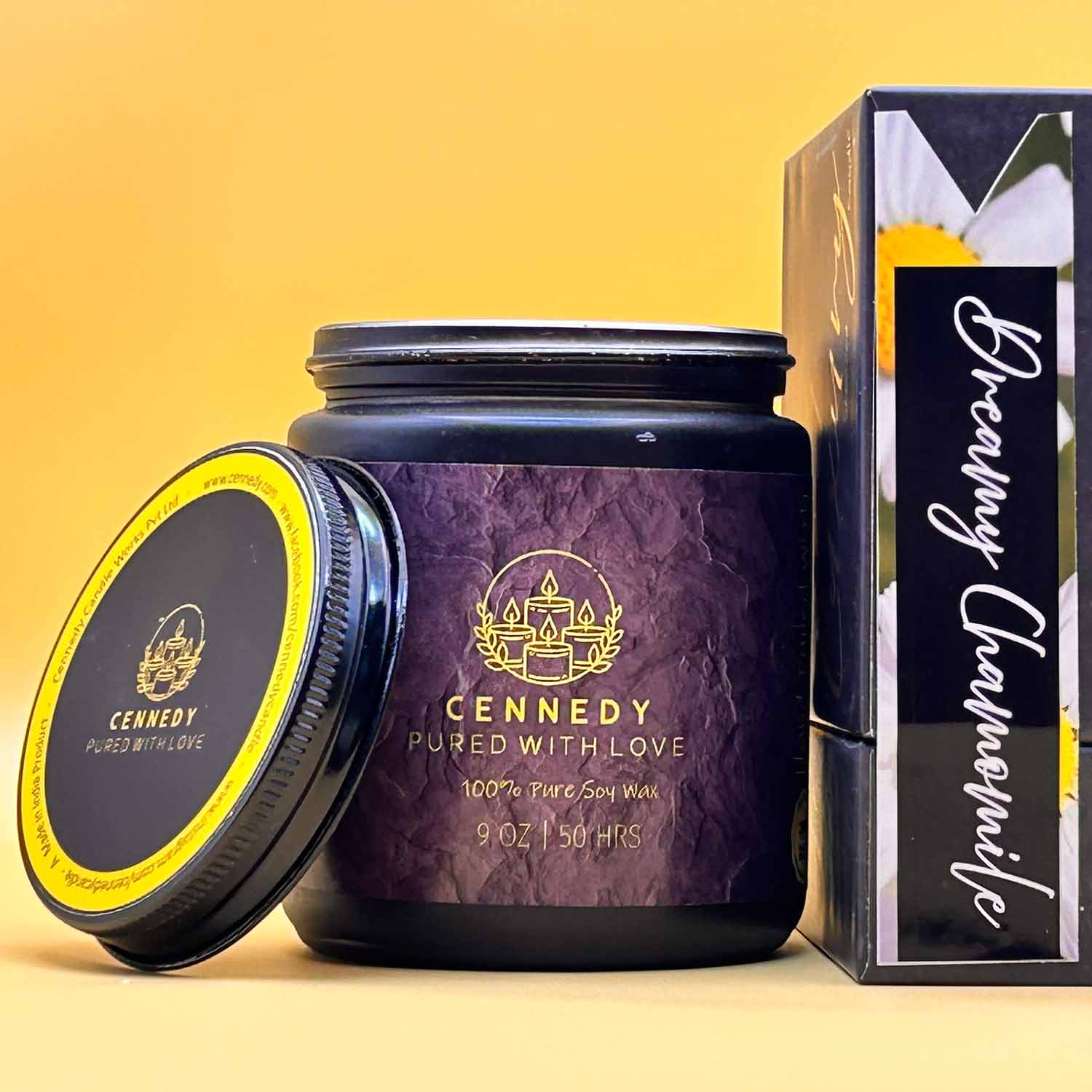 Dreamy Chamomile amber-jar candle, soothing fragrance for relaxation.